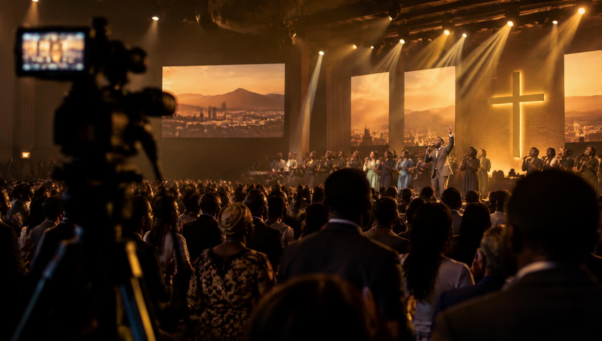 Congregation worshipping during a live broadcast in Harare